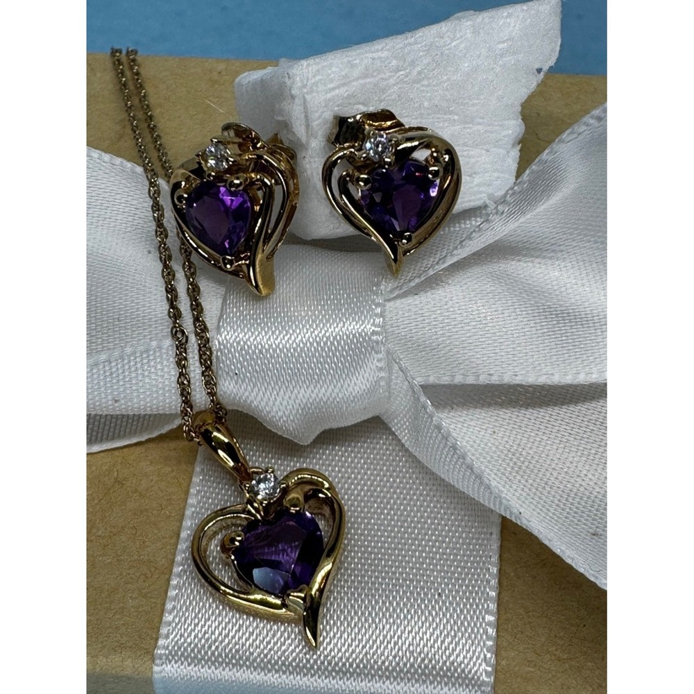 Amethyst an White Topaz Heart Necklace Earrings Set